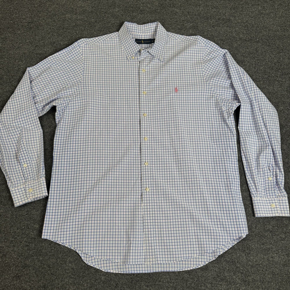 Ralph Lauren Shirt Mens XL White Long Sleeve Button Grid Blue Check Pink Pony *